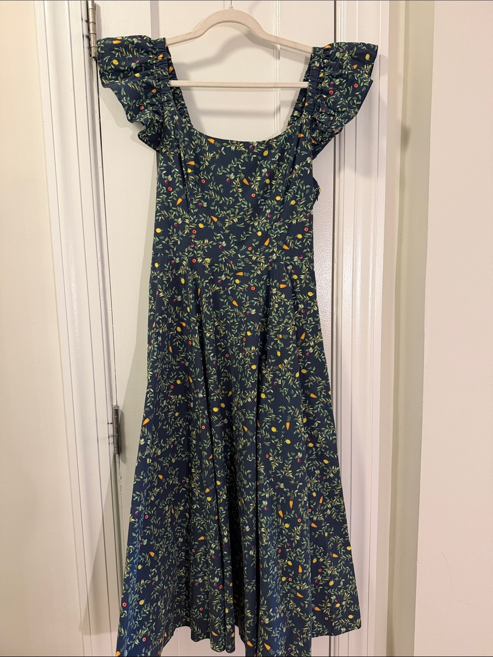 Hill House Navy Floral Midi Dress with Ruffled Straps